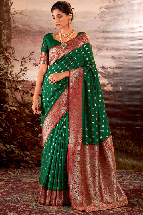 Load image into Gallery viewer, Blissful Dark Green Soft Banarasi Silk Saree With Inspiring Blouse Piece
