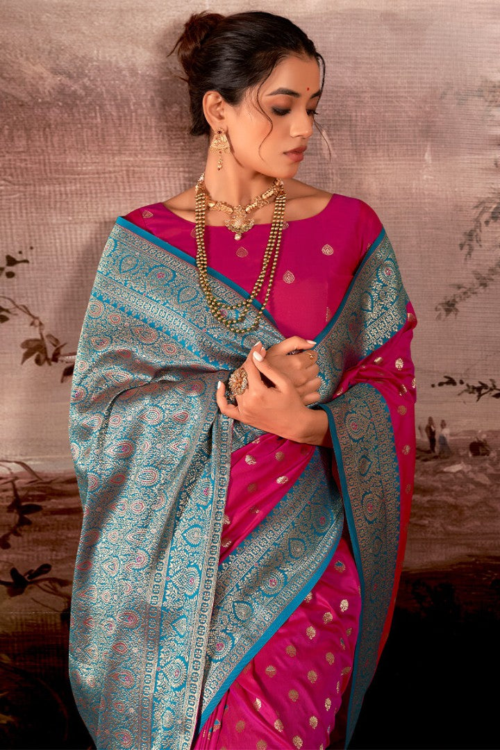 Divine Dark Pink Soft Banarasi Silk Saree With Majesty Blouse Piece