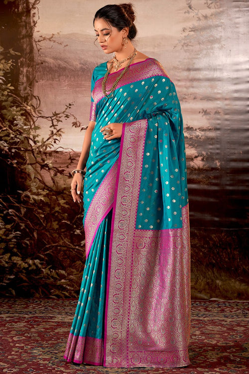 Load image into Gallery viewer, Chatoyant Firozi Soft Banarasi Silk Saree With Effervescent Blouse Piece
