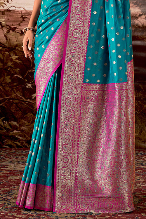 Load image into Gallery viewer, Chatoyant Firozi Soft Banarasi Silk Saree With Effervescent Blouse Piece
