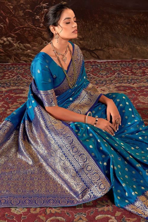 Load image into Gallery viewer, Ethereal Blue Soft Banarasi Silk Saree With Scrupulous Blouse Piece
