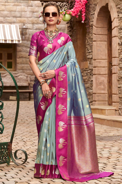 Lovely Grey Banarasi Satin Silk Saree With Mesmerising Blouse