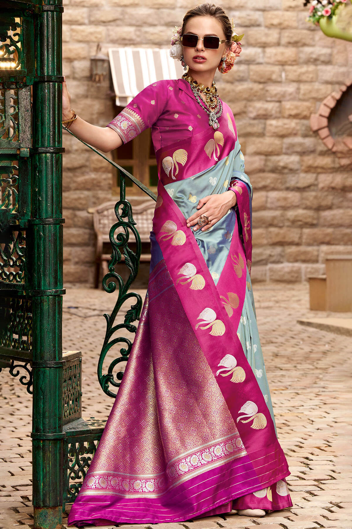 Lovely Grey Banarasi Satin Silk Saree With Mesmerising Blouse