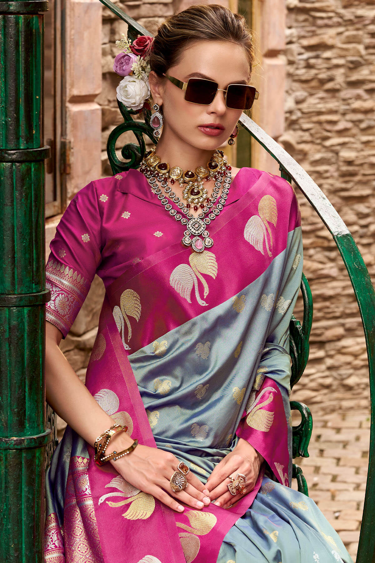 Lovely Grey Banarasi Satin Silk Saree With Mesmerising Blouse