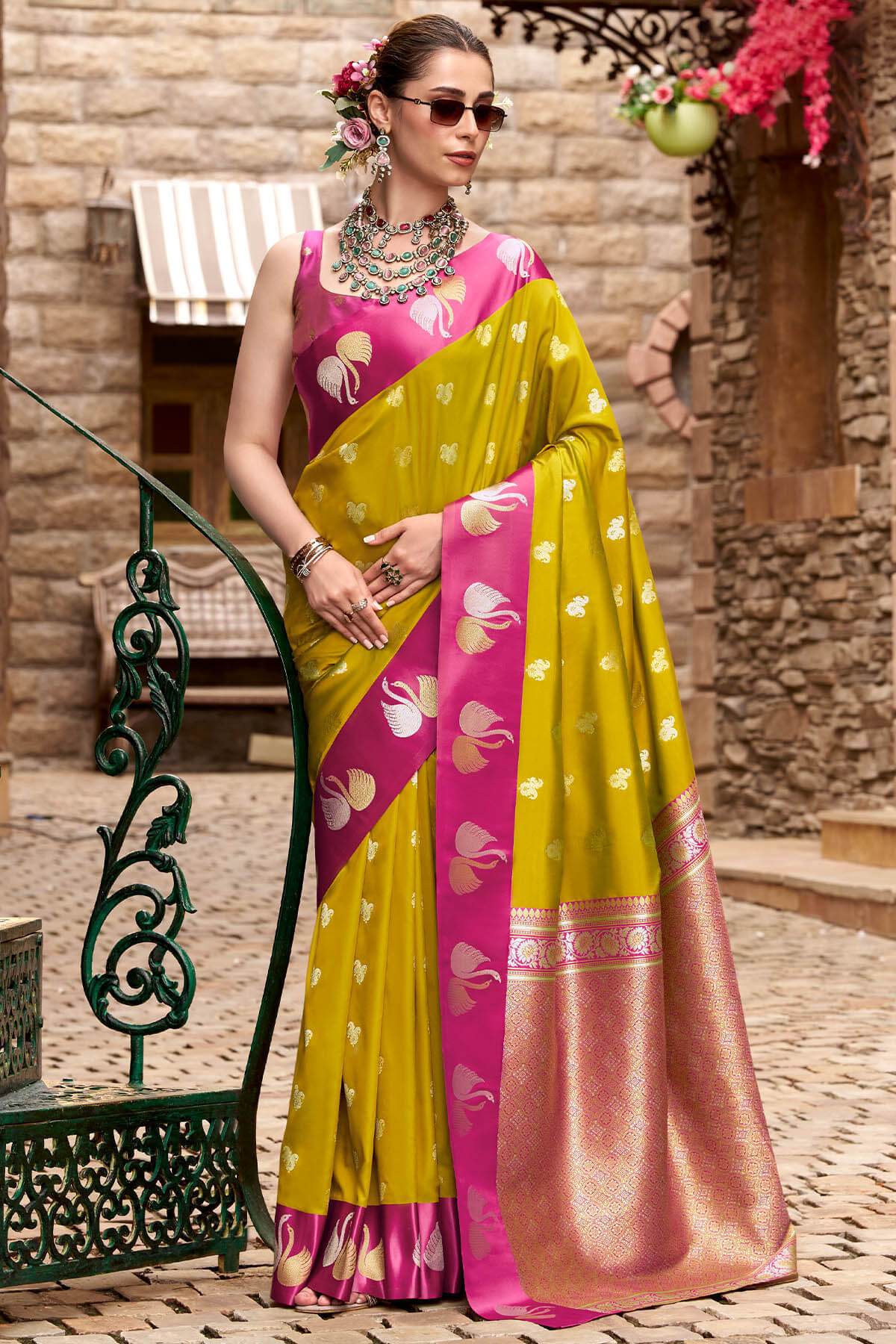 Classy Mustard Banarasi Satin Silk Saree With Unequalled Blouse