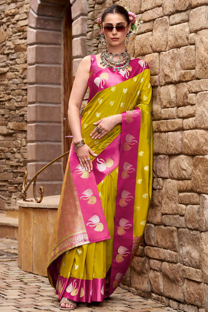 Classy Mustard Banarasi Satin Silk Saree With Unequalled Blouse