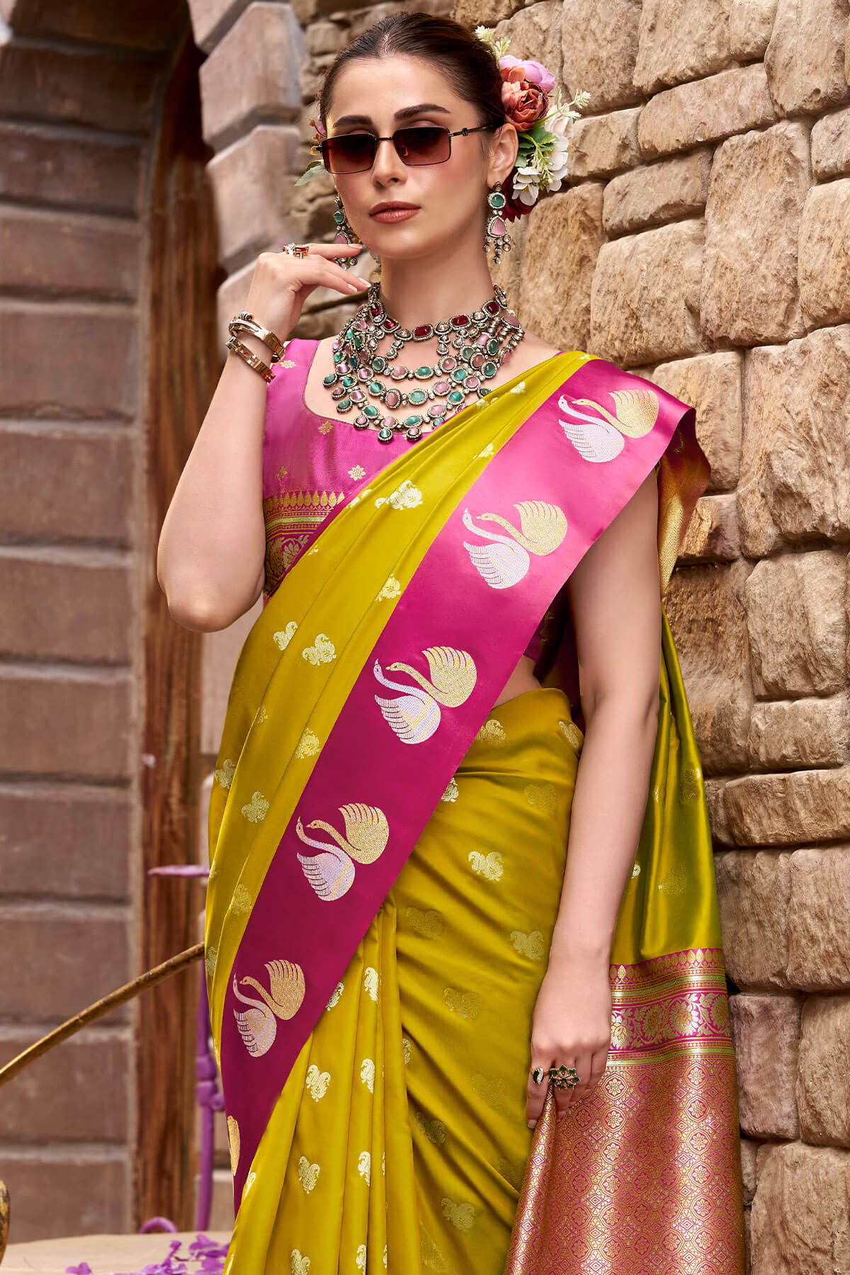 Classy Mustard Banarasi Satin Silk Saree With Unequalled Blouse