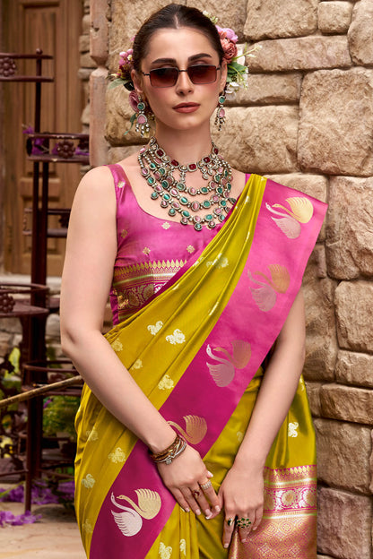 Classy Mustard Banarasi Satin Silk Saree With Unequalled Blouse