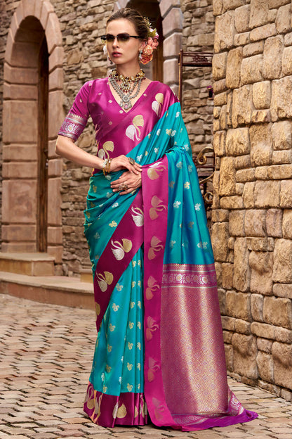 Beautiful Firozi Banarasi Satin Silk Saree With Whimsical Blouse