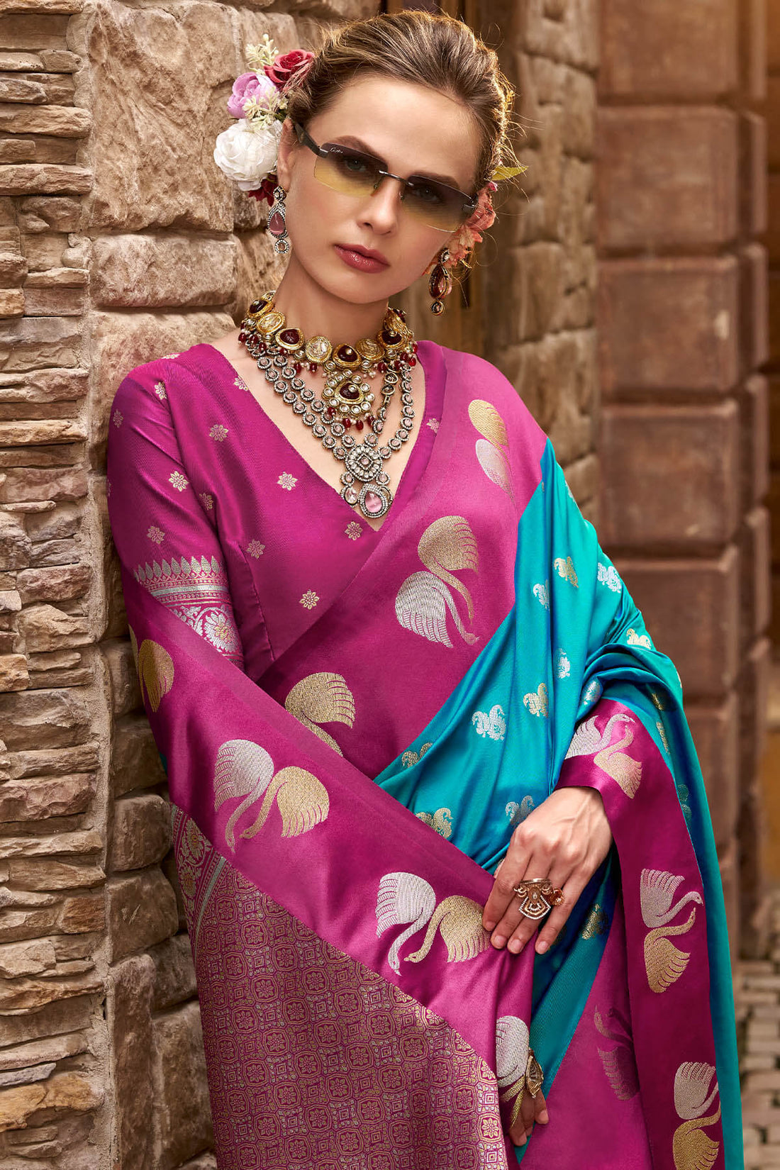 Beautiful Firozi Banarasi Satin Silk Saree With Whimsical Blouse