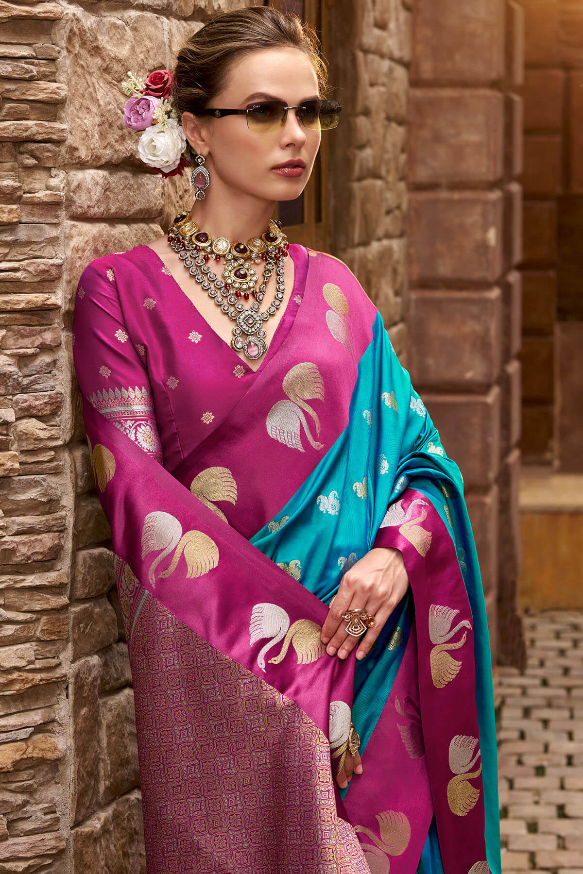 Beautiful Firozi Banarasi Satin Silk Saree With Whimsical Blouse