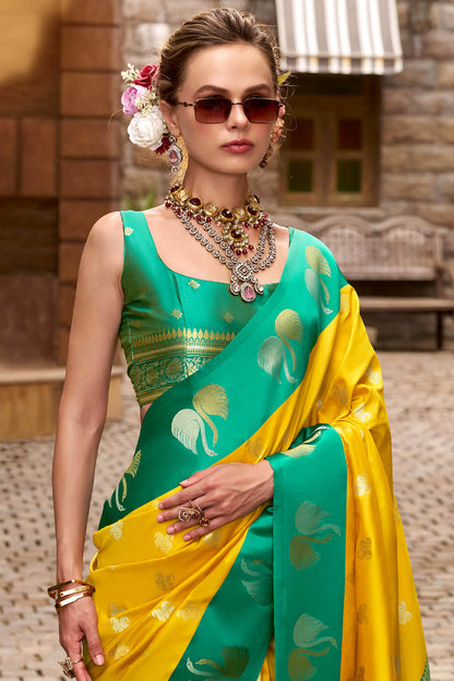 Allure Yellow Banarasi Satin Silk Saree With Eye-catching Blouse