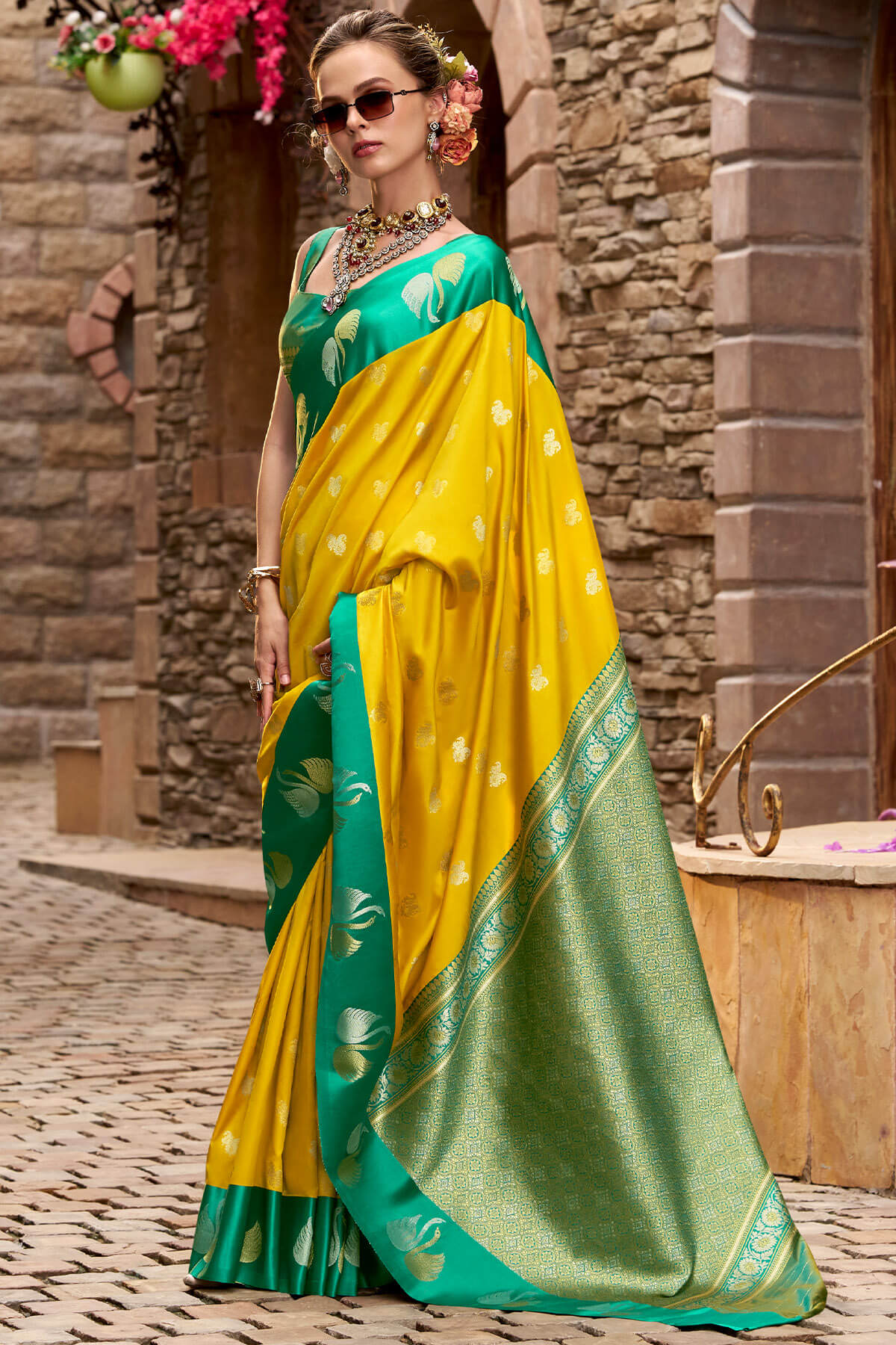 Allure Yellow Banarasi Satin Silk Saree With Eye-catching Blouse