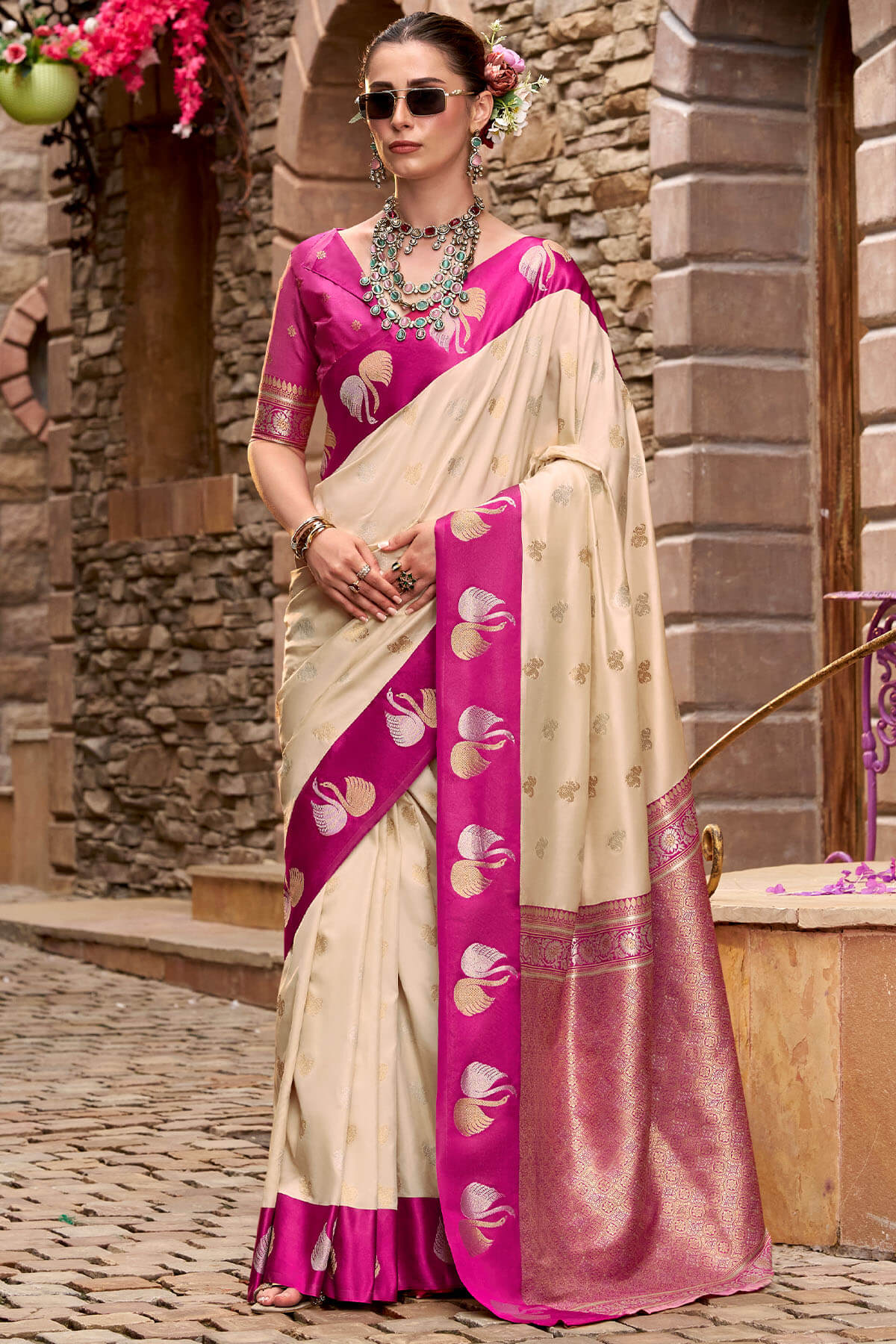 Profuse Beige Banarasi Satin Silk Saree With Admirable Blouse