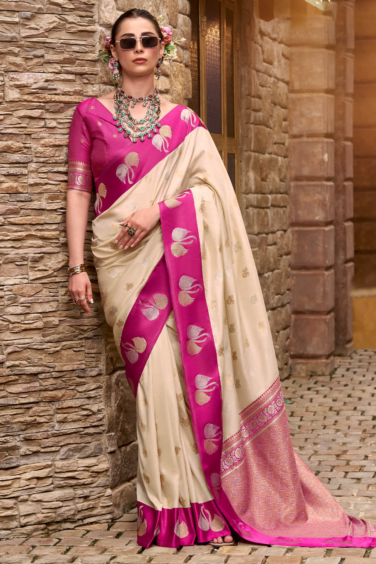 Profuse Beige Banarasi Satin Silk Saree With Admirable Blouse