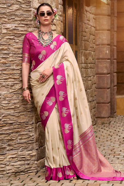 Profuse Beige Banarasi Satin Silk Saree With Admirable Blouse