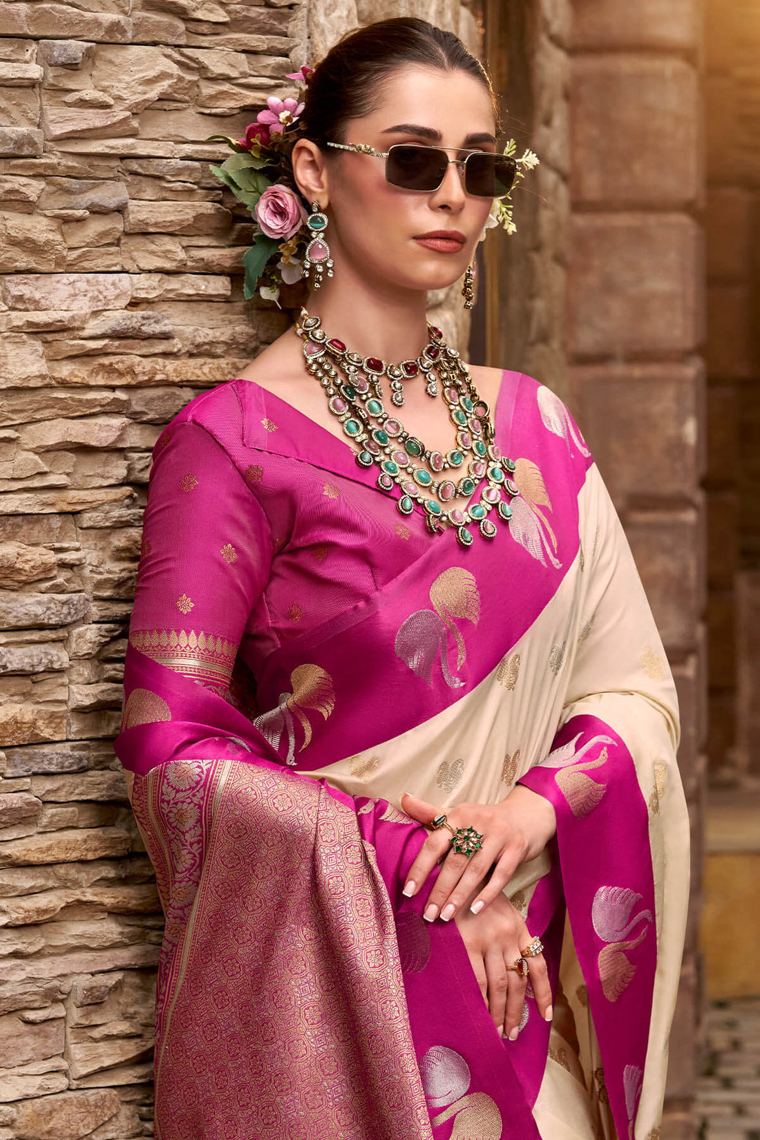 Profuse Beige Banarasi Satin Silk Saree With Admirable Blouse