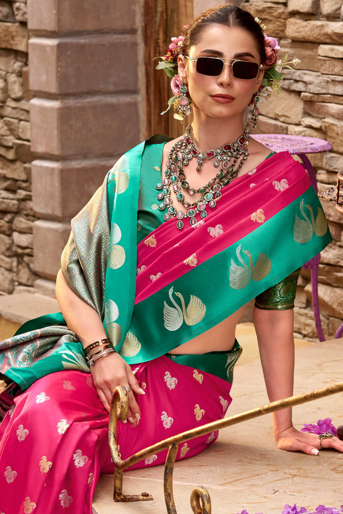 Ornate Dark Pink Banarasi Satin Silk Saree With Unique Blouse