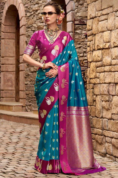 Sophisticated Rama Banarasi Satin Silk Saree With Conflate Blouse