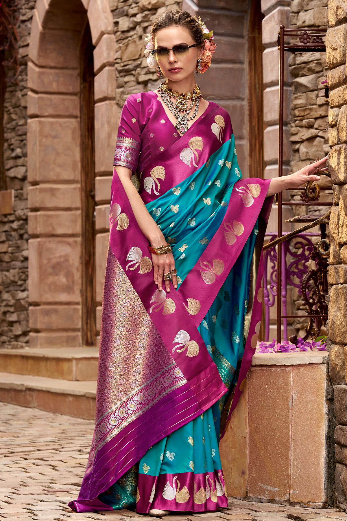 Sophisticated Rama Banarasi Satin Silk Saree With Conflate Blouse