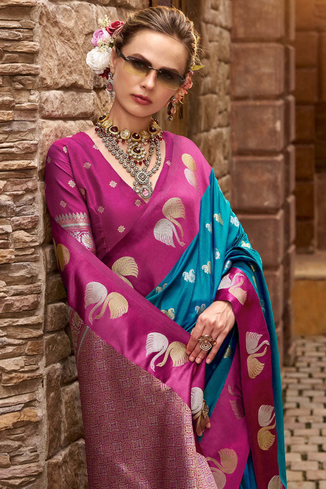 Sophisticated Rama Banarasi Satin Silk Saree With Conflate Blouse