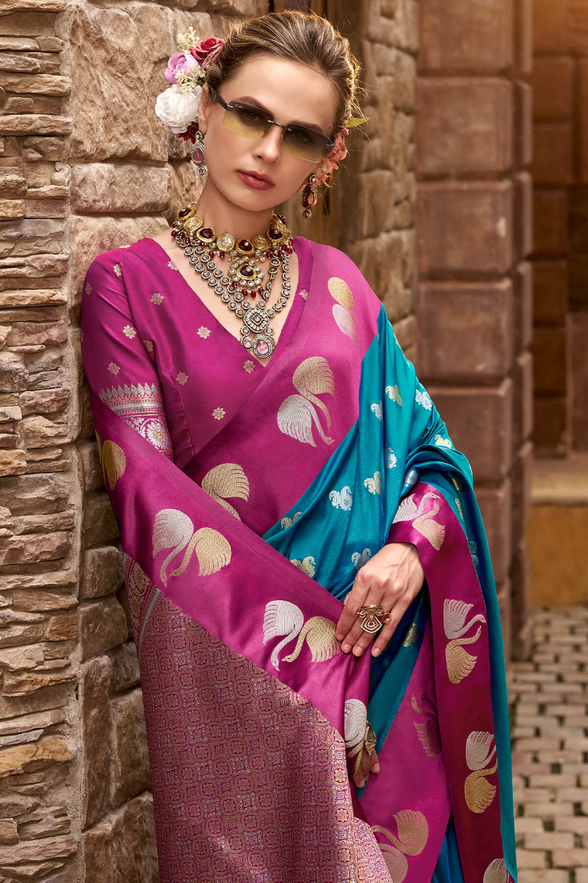 Sophisticated Rama Banarasi Satin Silk Saree With Conflate Blouse