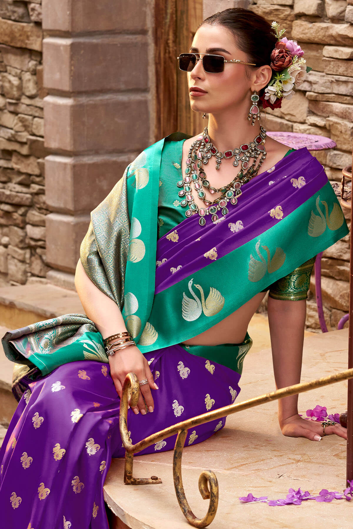 Glowing Purple Banarasi Satin Silk Saree With Glittering Blouse