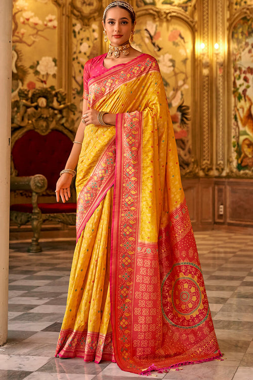 Load image into Gallery viewer, Assemblage Yellow Soft Banarasi Silk Saree With Ephemeral Blouse Piece
