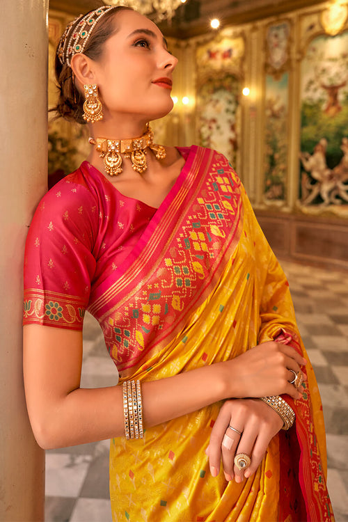 Load image into Gallery viewer, Assemblage Yellow Soft Banarasi Silk Saree With Ephemeral Blouse Piece
