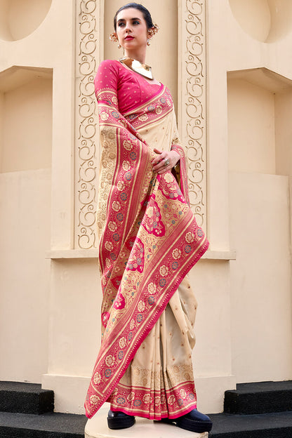 Divine Beige Soft Banarasi Silk Saree With Epiphany Blouse Piece