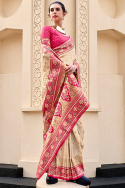 Divine Beige Soft Banarasi Silk Saree With Epiphany Blouse Piece