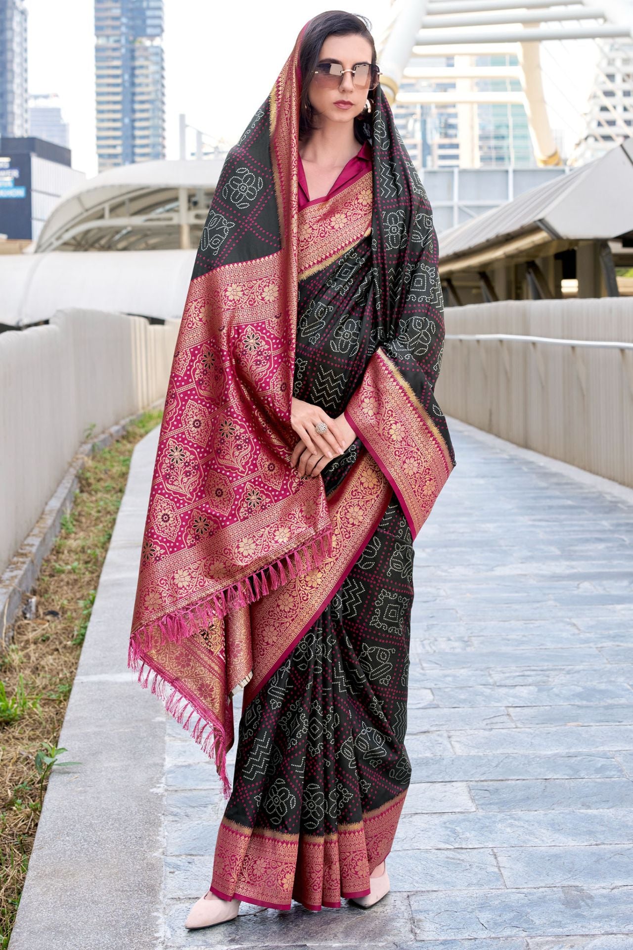 Designer Black Soft Banarasi Silk Saree With Glittering Blouse Piece