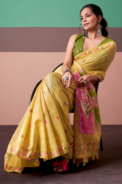 Capricious Yellow Pure Munga Cotton Saree With Embrocation Blouse Piece