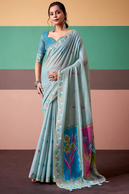 Enticing Sky Pure Munga Cotton Saree With Sensational Blouse Piece