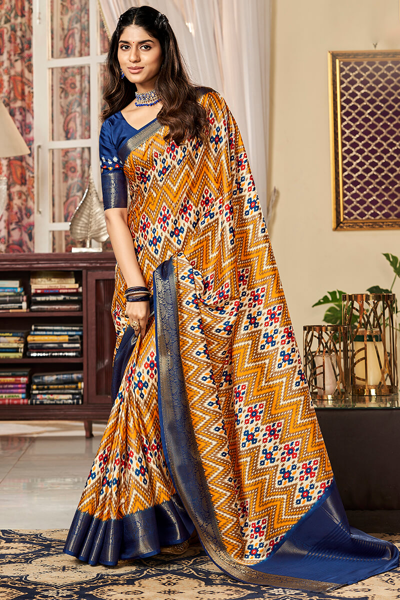 Flameboyant Mustard Digital Printed Satin Silk Saree With Traditional Blouse Piece