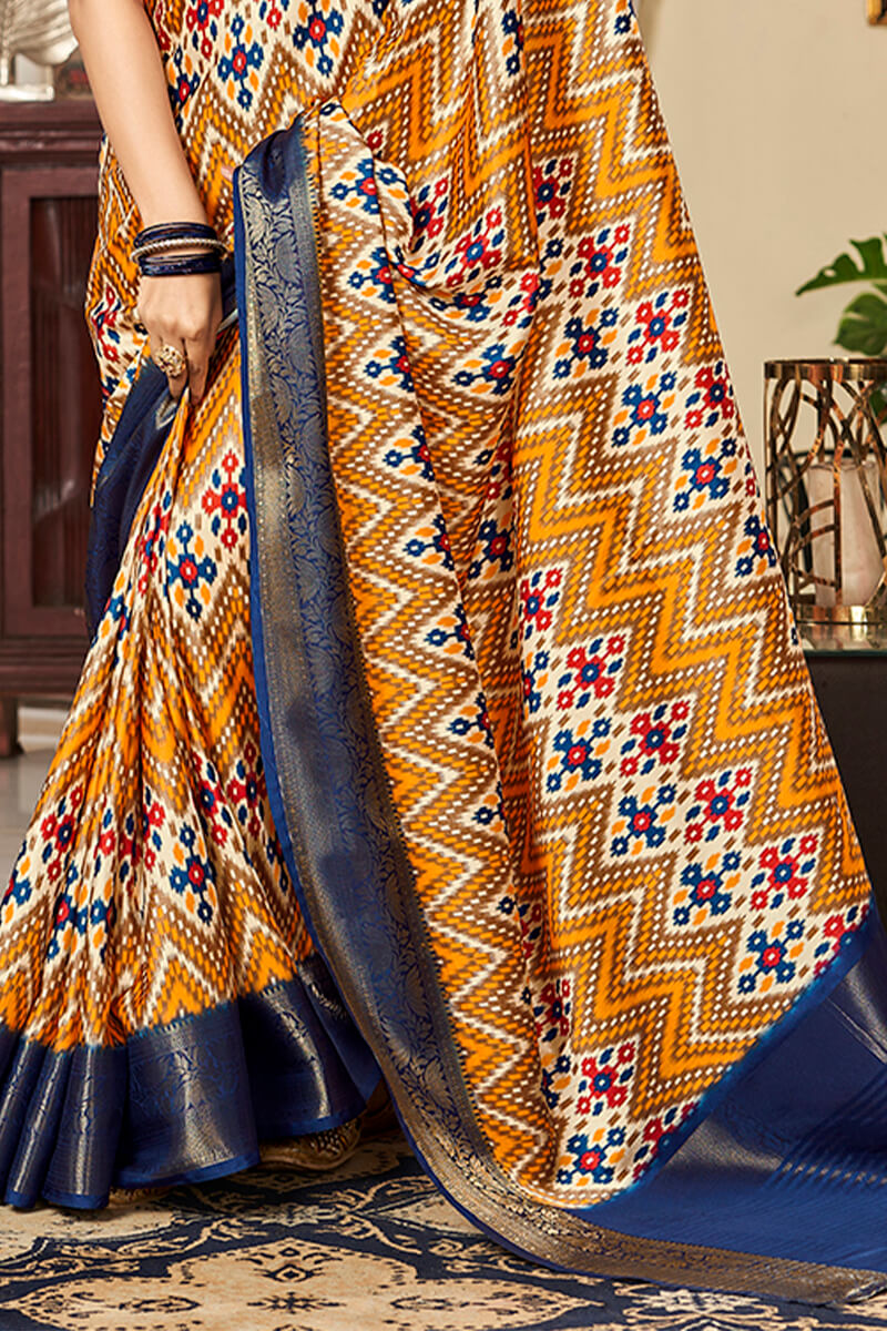 Flameboyant Mustard Digital Printed Satin Silk Saree With Traditional Blouse Piece