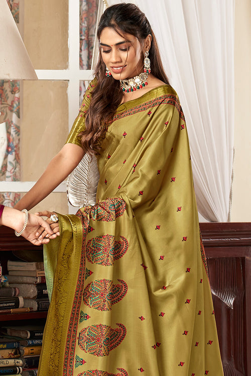 Load image into Gallery viewer, Susurrous Mehndi Digital Printed Satin Silk Saree With Snappy Blouse Piece
