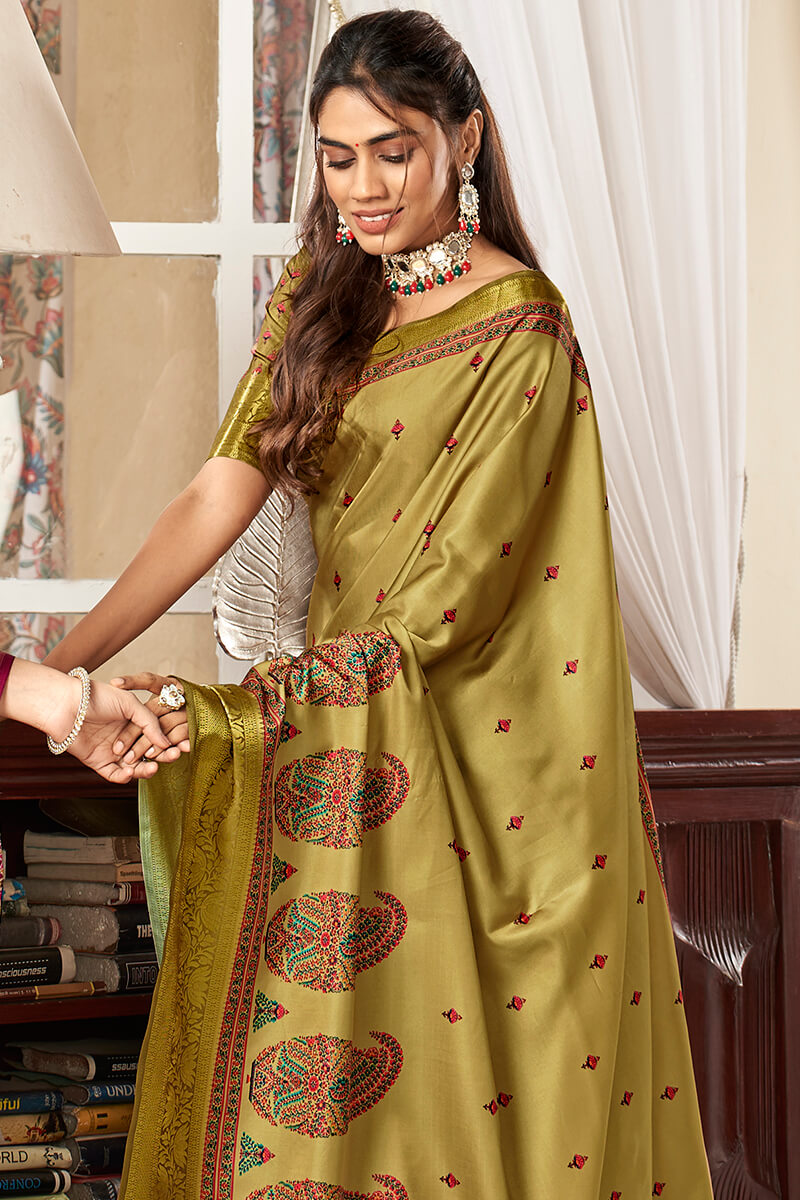 Susurrous Mehndi Digital Printed Satin Silk Saree With Snappy Blouse Piece