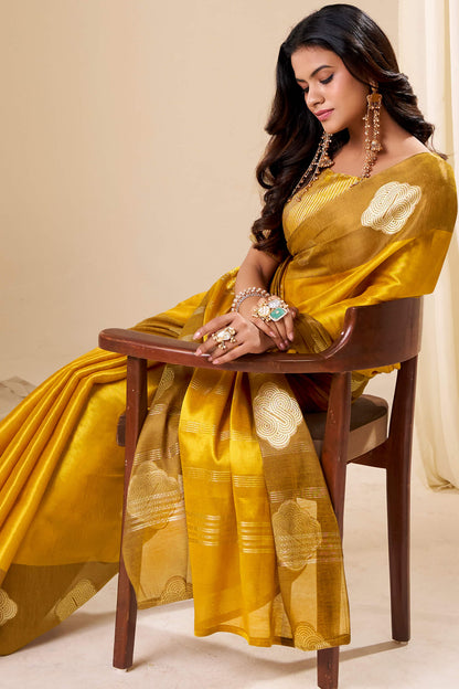 Gossamer Mustard Pure Zari Weaving Banarasi Tissue Silk Saree With Majesty Blouse Piece