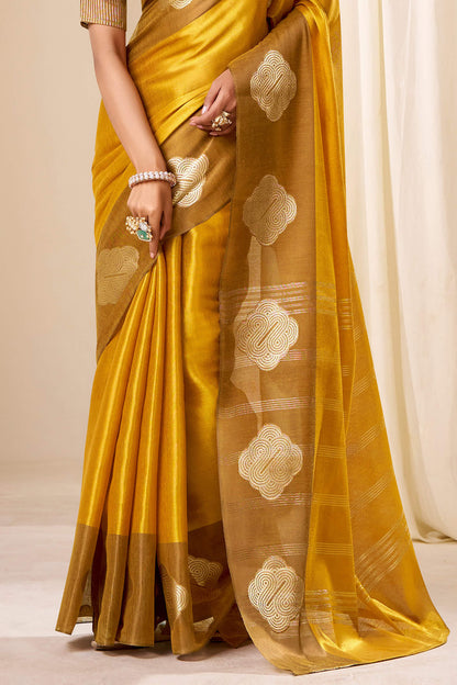 Gossamer Mustard Pure Zari Weaving Banarasi Tissue Silk Saree With Majesty Blouse Piece