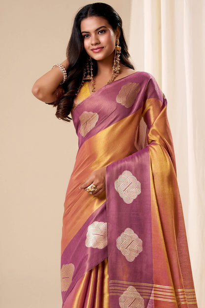Cynosure Peach Pure Zari Weaving Banarasi Tissue Silk Saree With Ratatouille Blouse Piece