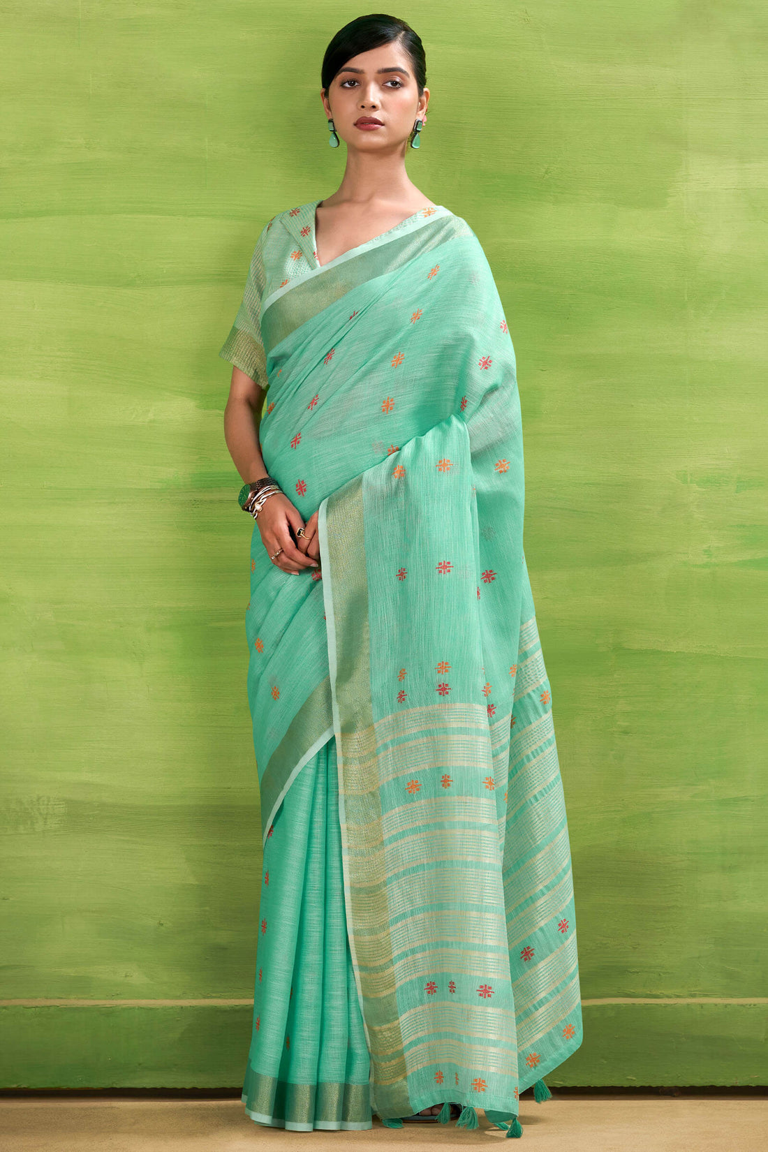 Rhapsodic Turquoise Cotton Silk Saree With Hypnotic Blouse Piece