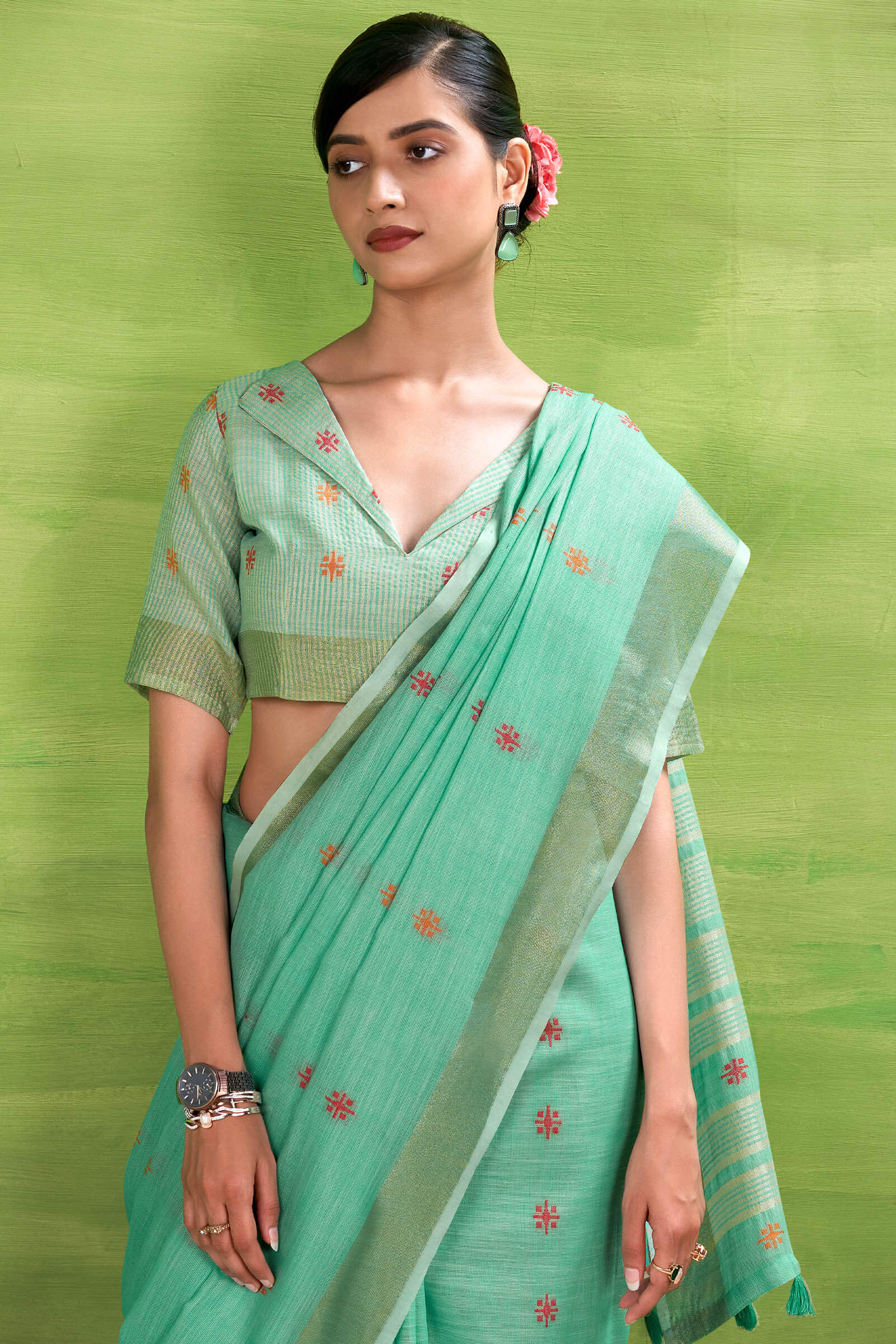 Rhapsodic Turquoise Cotton Silk Saree With Hypnotic Blouse Piece