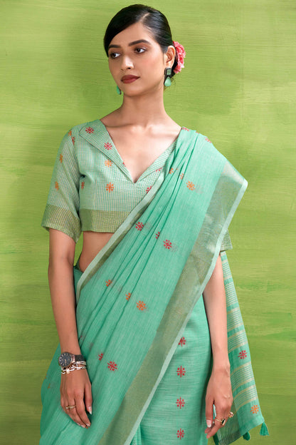 Rhapsodic Turquoise Cotton Silk Saree With Hypnotic Blouse Piece