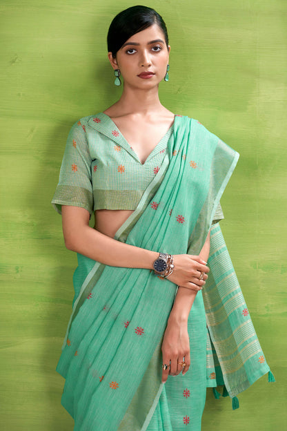 Rhapsodic Turquoise Cotton Silk Saree With Hypnotic Blouse Piece