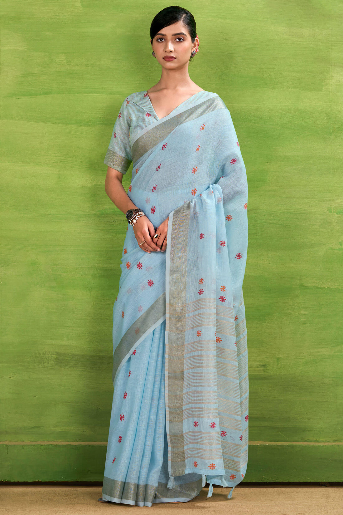 Winsome Sky Cotton Silk Saree With Adorning Blouse Piece