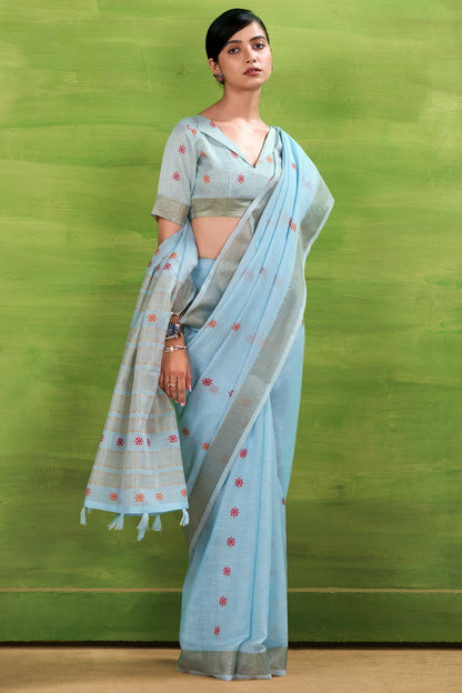 Winsome Sky Cotton Silk Saree With Adorning Blouse Piece