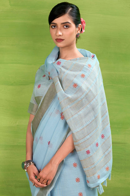 Winsome Sky Cotton Silk Saree With Adorning Blouse Piece