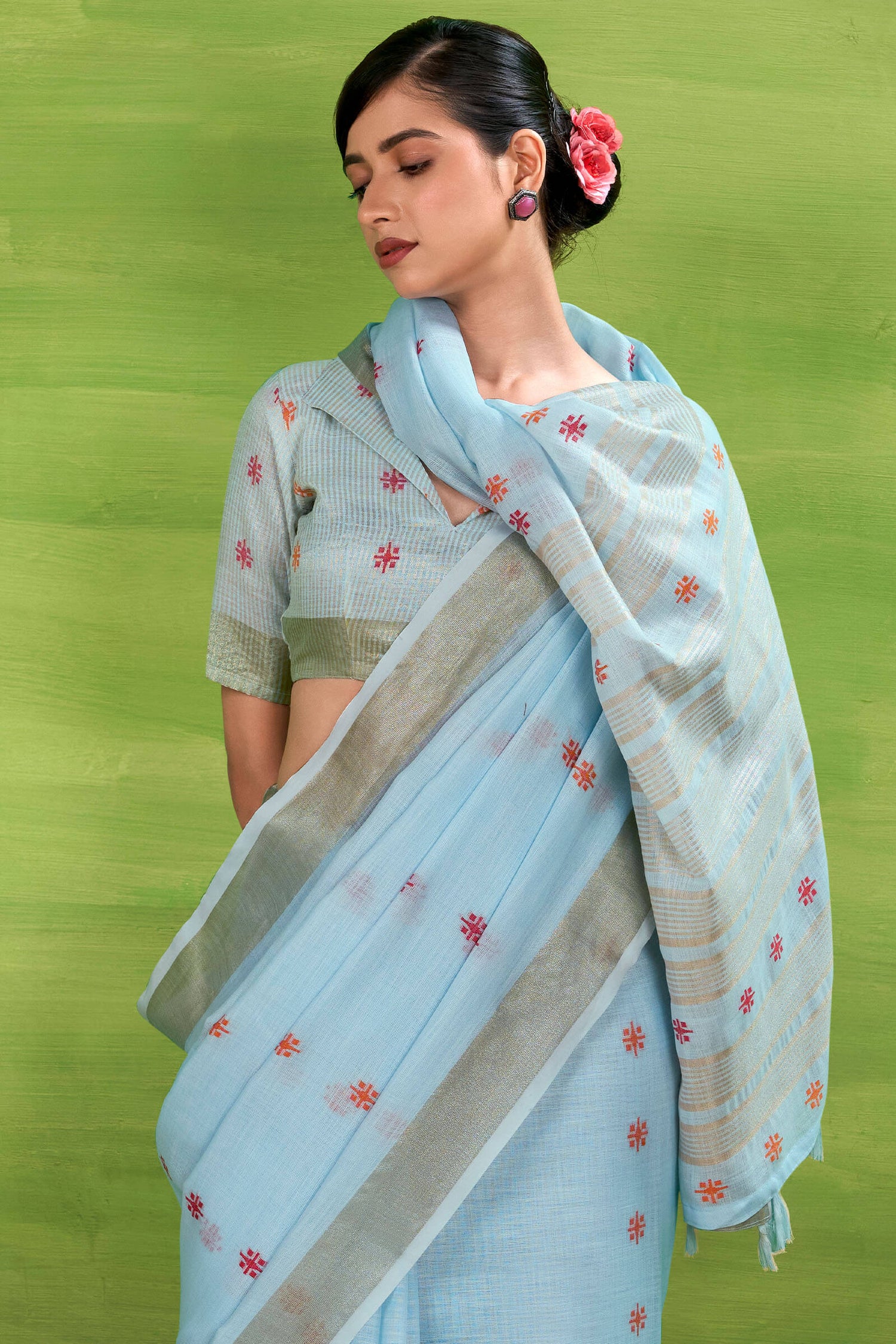 Winsome Sky Cotton Silk Saree With Adorning Blouse Piece