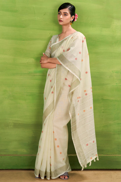 Ethereal Beige Cotton Silk Saree With Efflorescence Blouse Piece